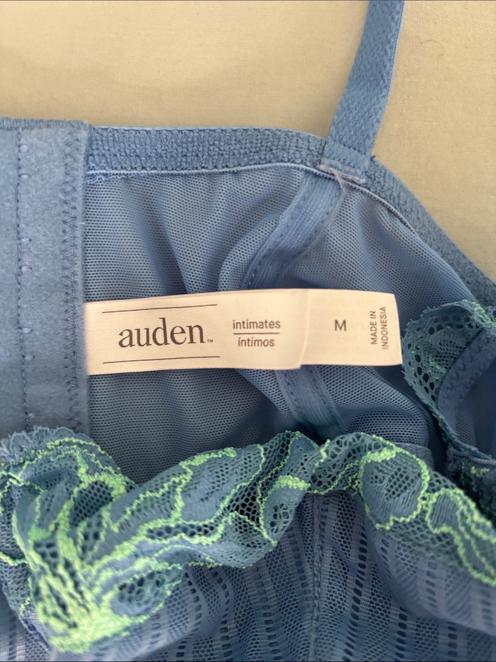 Auden Blue Longline Bra with Green Lace Trim - Picture 3 of 6